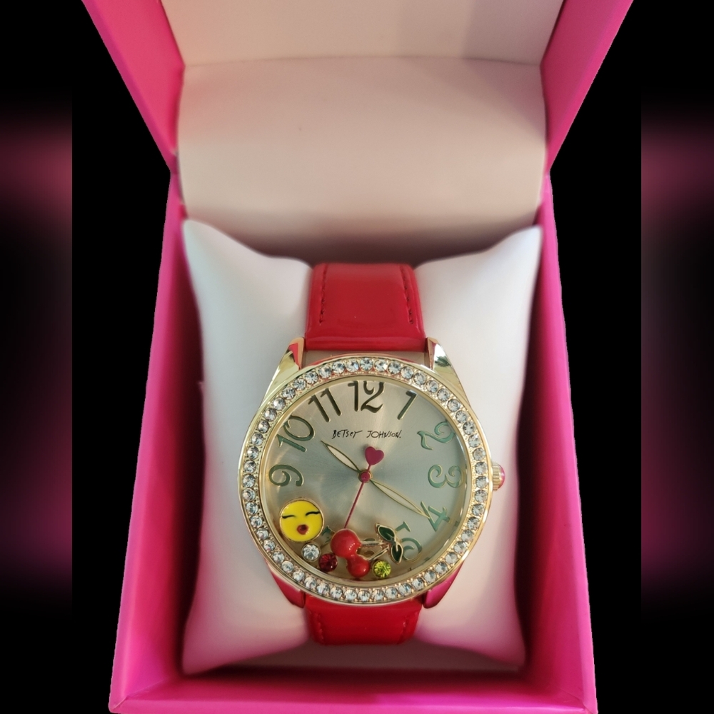 NWT ❗️ Betsey Johnson red gold rhinestones cherry faux leather watches - Picture 3 of 13